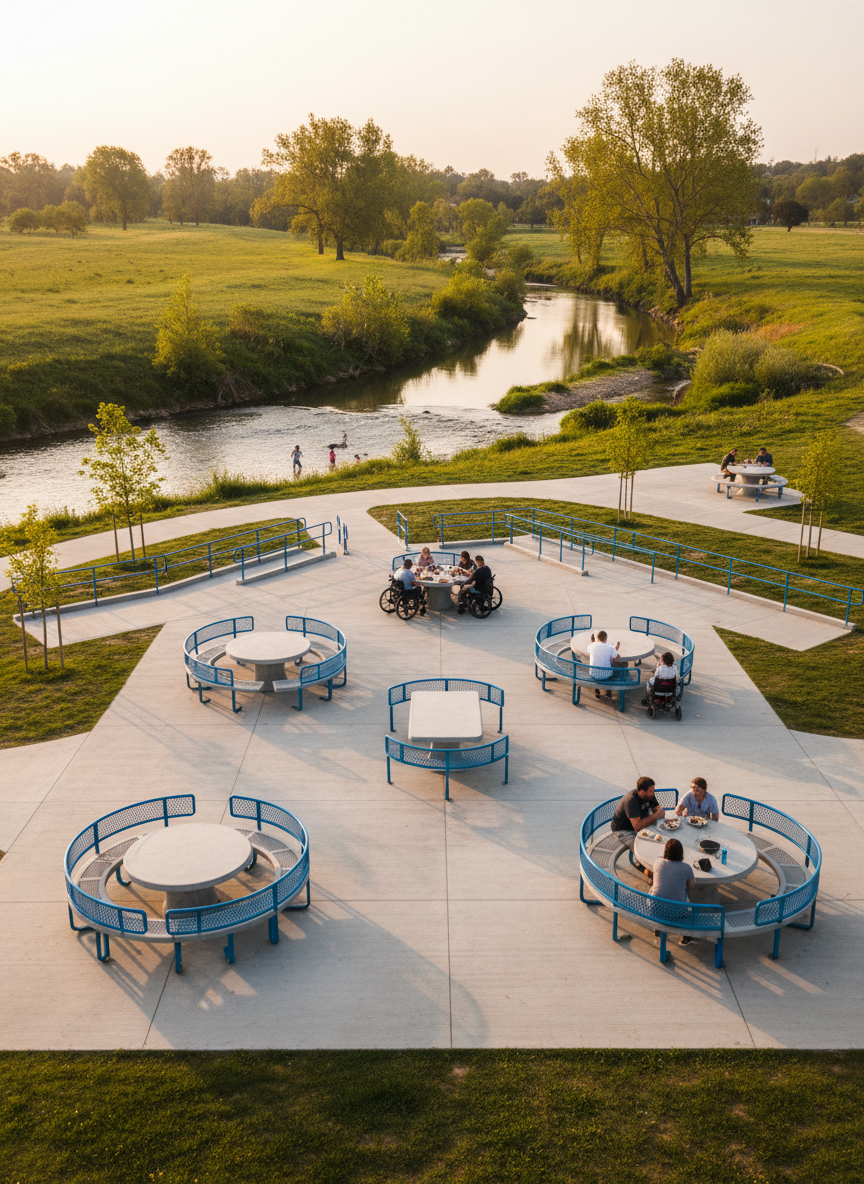 A spacious, accessible riverside picnic area with several sturdy, smooth-surfaced tables spaced widely apart on a level concrete pad, each featuring rounded edges and bright blue safety railings. A calm, shallow river flows in the background, bordered by gentle grassy slopes and native trees. The golden hour sun casts warm, even light across the scene, creating soft reflections on the water and gentle shadows under the tables. Photographic realism from a slightly elevated angle with balanced composition, emphasizing safety, inclusivity, and peaceful outdoor enjoyment in a well-organized recreational space.