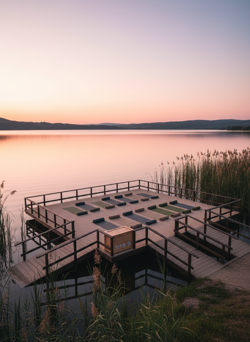 A serene lakeside wellness station consisting of a large, flat wooden platform with non-slip surface, bordered by low safety railings and wide access ramps. On the platform, yoga mats in muted earth tones are neatly rolled beside a small, portable storage bin labeled with clear, printed icons for relaxation tools. The still lake reflects a pastel sunset sky, and tall reeds sway gently at the water’s edge. Soft, warm evening light bathes the scene, creating a tranquil, restorative mood. Photographic realism from a wide-angle, slightly elevated perspective, highlighting thoughtful design for calm outdoor mindfulness activities.