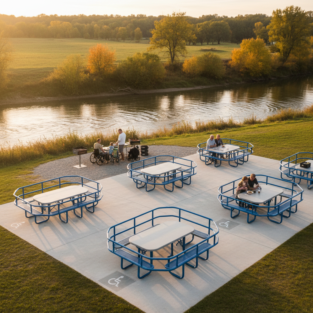 A spacious, accessible riverside picnic area with several sturdy, smooth-surfaced tables spaced widely apart on a level concrete pad, each featuring rounded edges and bright blue safety railings. A calm, shallow river flows in the background, bordered by gentle grassy slopes and native trees. The golden hour sun casts warm, even light across the scene, creating soft reflections on the water and gentle shadows under the tables. Photographic realism from a slightly elevated angle with balanced composition, emphasizing safety, inclusivity, and peaceful outdoor enjoyment in a well-organized recreational space.