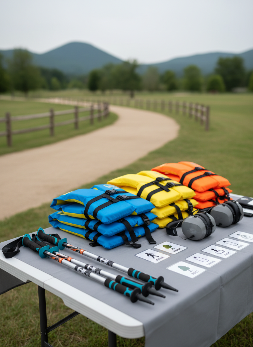A close-up of neatly arranged adaptive outdoor equipment laid out on a clean, foldable table near a trailhead: lightweight hiking poles with ergonomic grips, brightly colored life vests in various sizes, noise-reducing headphones, and laminated visual schedule cards with simple icons. Behind the table, a blurred view of a calm park setting with flat walking paths and low wooden fences suggests a safe environment. Soft overcast light creates even illumination with minimal shadows, enhancing the textures and colors. Photographic realism with shallow depth of field, capturing a professional, well-prepared, supportive atmosphere focused on accessibility and comfort.