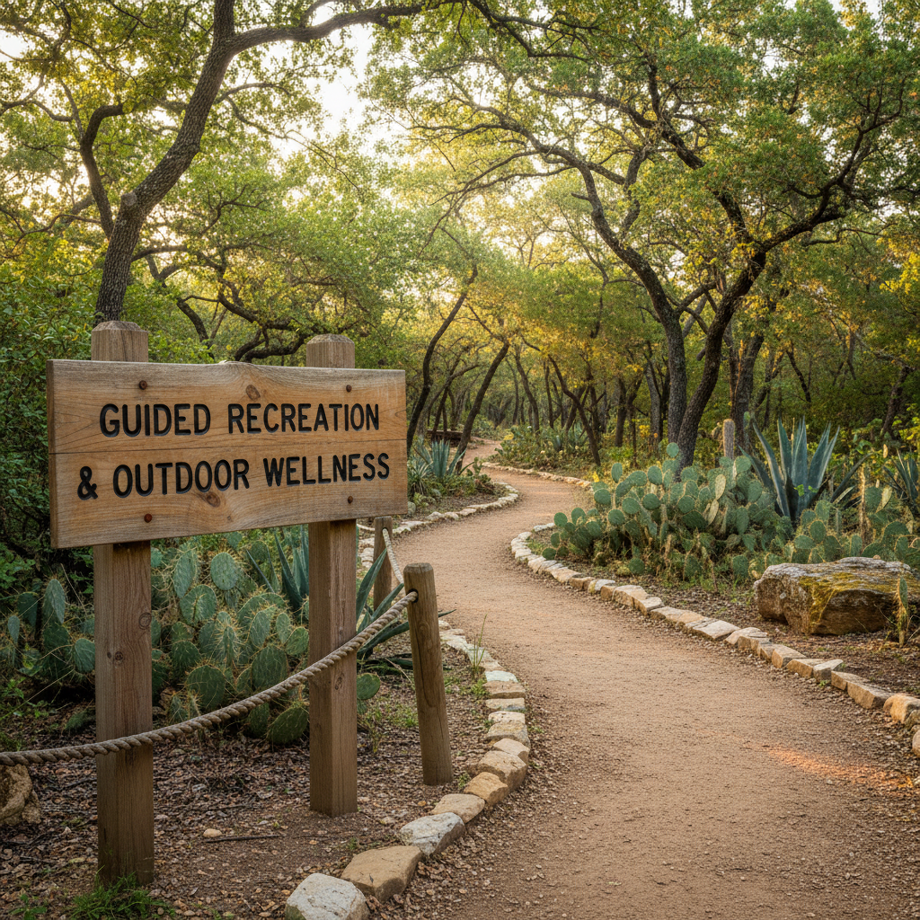 A weathered wooden trailhead sign reading “Guided Recreation & Outdoor Wellness” carved in clear, bold letters, mounted on sturdy posts at the edge of a wide, well-maintained forest path. The dirt trail curves gently into a lush green woodland with native Texas plants, smooth rocks, and a clearly marked boundary rope for safety. Soft morning sunlight filters through tall trees, creating dappled highlights on the sign’s textured grain and subtle shadows across the path. Photographic realism at eye level with sharp focus throughout, conveying a calm, inviting mood and a sense of organized, accessible adventure in a clean, professional outdoor setting.