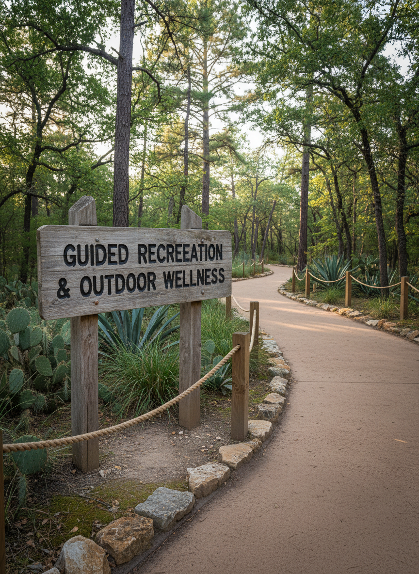 A weathered wooden trailhead sign reading “Guided Recreation & Outdoor Wellness” carved in clear, bold letters, mounted on sturdy posts at the edge of a wide, well-maintained forest path. The dirt trail curves gently into a lush green woodland with native Texas plants, smooth rocks, and a clearly marked boundary rope for safety. Soft morning sunlight filters through tall trees, creating dappled highlights on the sign’s textured grain and subtle shadows across the path. Photographic realism at eye level with sharp focus throughout, conveying a calm, inviting mood and a sense of organized, accessible adventure in a clean, professional outdoor setting.