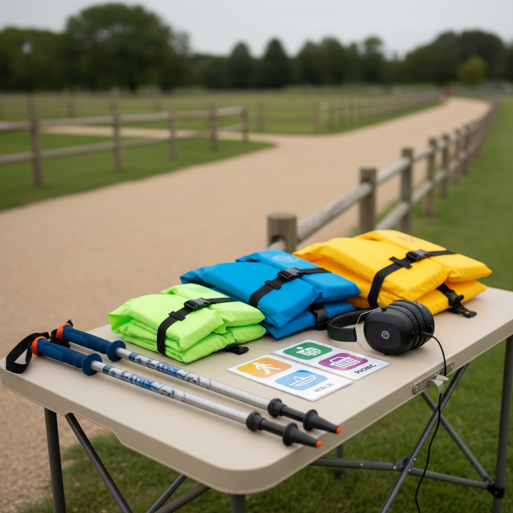 A close-up of neatly arranged adaptive outdoor equipment laid out on a clean, foldable table near a trailhead: lightweight hiking poles with ergonomic grips, brightly colored life vests in various sizes, noise-reducing headphones, and laminated visual schedule cards with simple icons. Behind the table, a blurred view of a calm park setting with flat walking paths and low wooden fences suggests a safe environment. Soft overcast light creates even illumination with minimal shadows, enhancing the textures and colors. Photographic realism with shallow depth of field, capturing a professional, well-prepared, supportive atmosphere focused on accessibility and comfort.